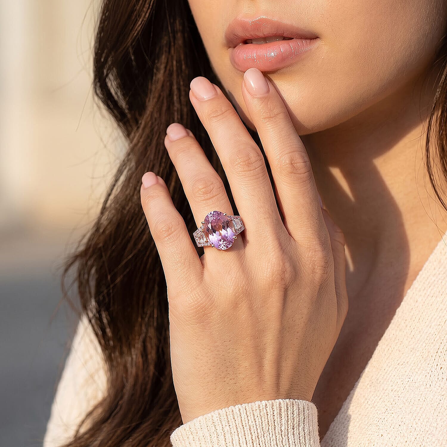 AAA Martha Rocha Kunzite, Lab Grown White and Pink Diamond VS 17.40 ctw Crown Jewel Ring in 10K Rose Gold (Size 5.0) 4 Grams