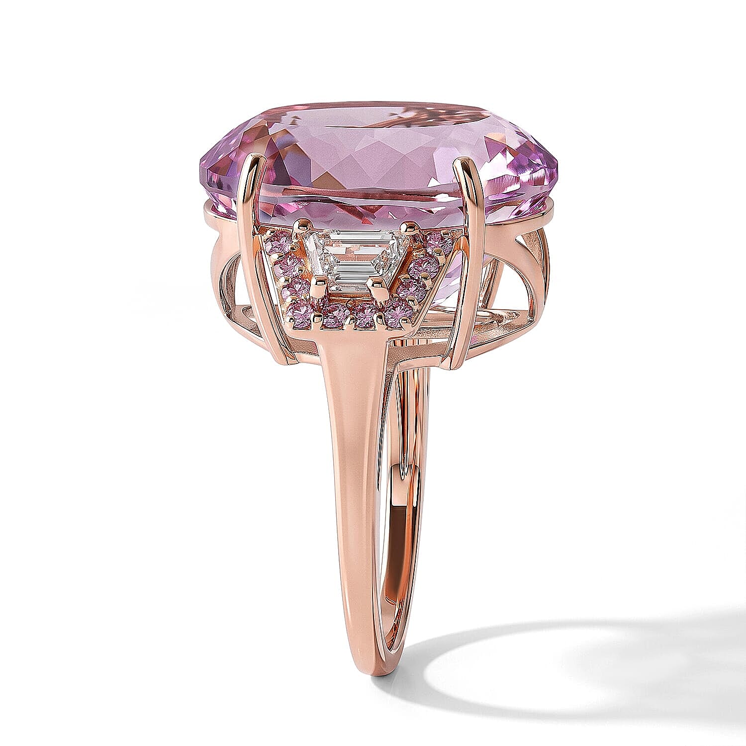 AAA Martha Rocha Kunzite, Lab Grown White and Pink Diamond VS 17.40 ctw Crown Jewel Ring in 10K Rose Gold (Size 5.0) 4 Grams