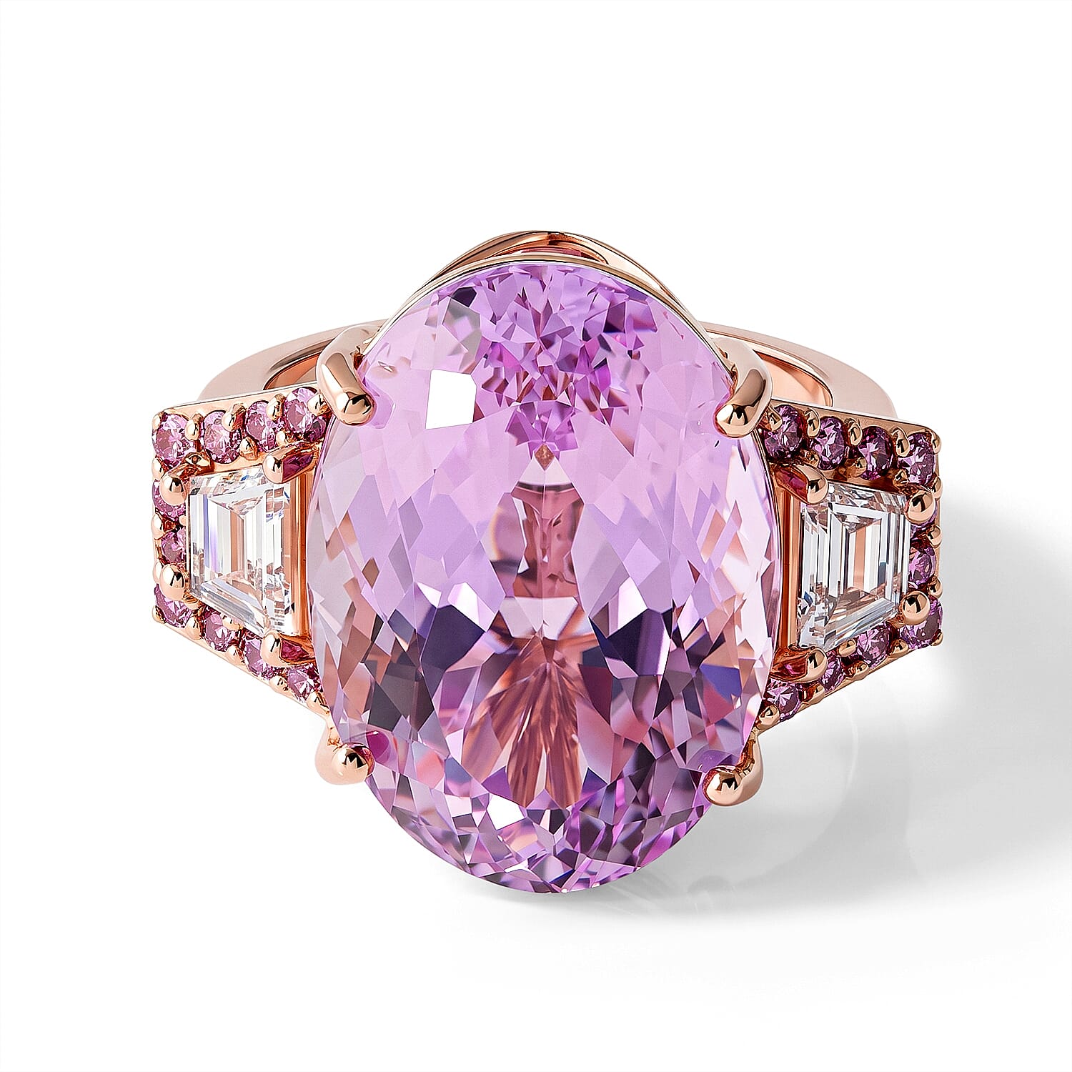 AAA Martha Rocha Kunzite, Lab Grown White and Pink Diamond VS 17.40 ctw Crown Jewel Ring in 10K Rose Gold (Size 6.0) 4 Grams