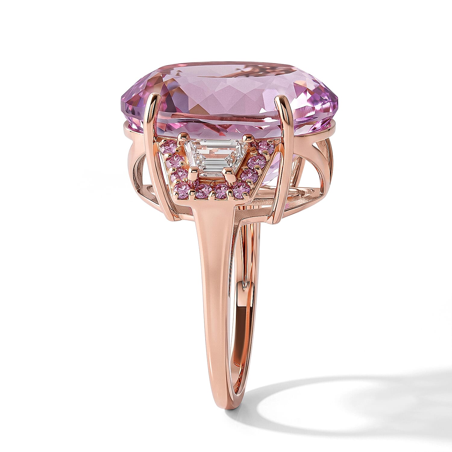 AAA Martha Rocha Kunzite, Lab Grown White and Pink Diamond VS 17.40 ctw Crown Jewel Ring in 10K Rose Gold (Size 6.0) 4 Grams