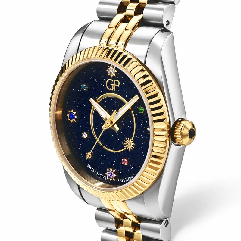 GP Multi Color Austrian Crystal 0.10 ctw Ronda 763 Swiss Movement Watch in ION Plated YG and Stainless Steel
