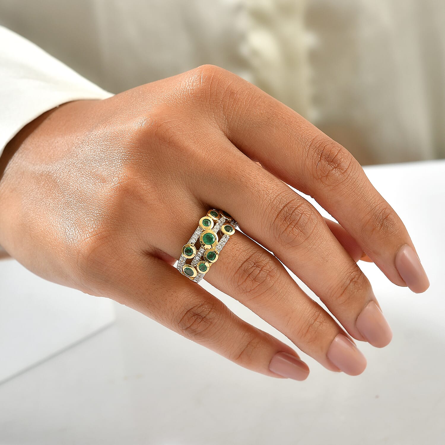 D'Joy Premium Kagem Zambian Emerald and White Zircon 1.25 ctw Bubble Bliss Ring in 18K Vermeil Yellow Gold Over Sterling Silver (Size 7.0)