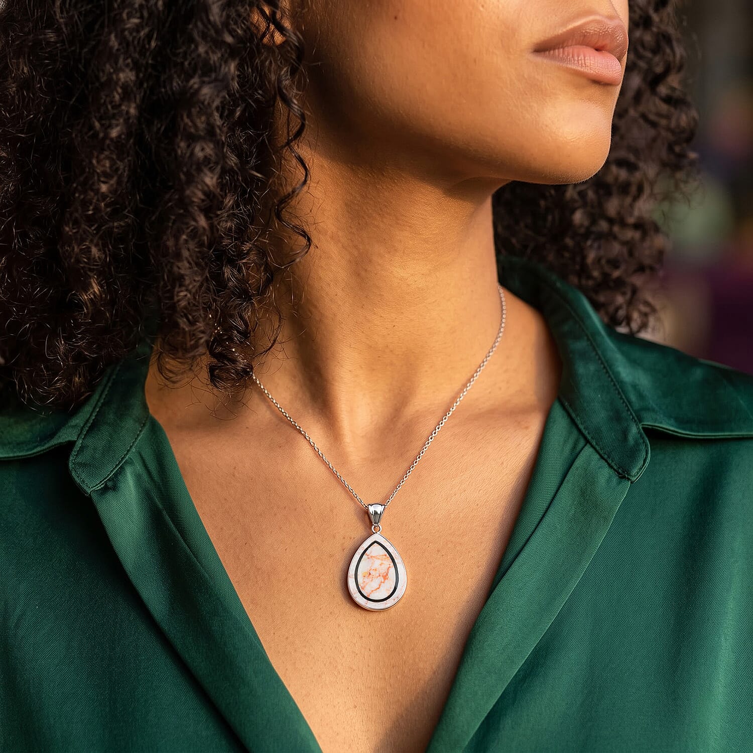 Crazy Lace Agate and Black Agate 55.00 ctw Pear Pendant without Chain in Stainless Steel