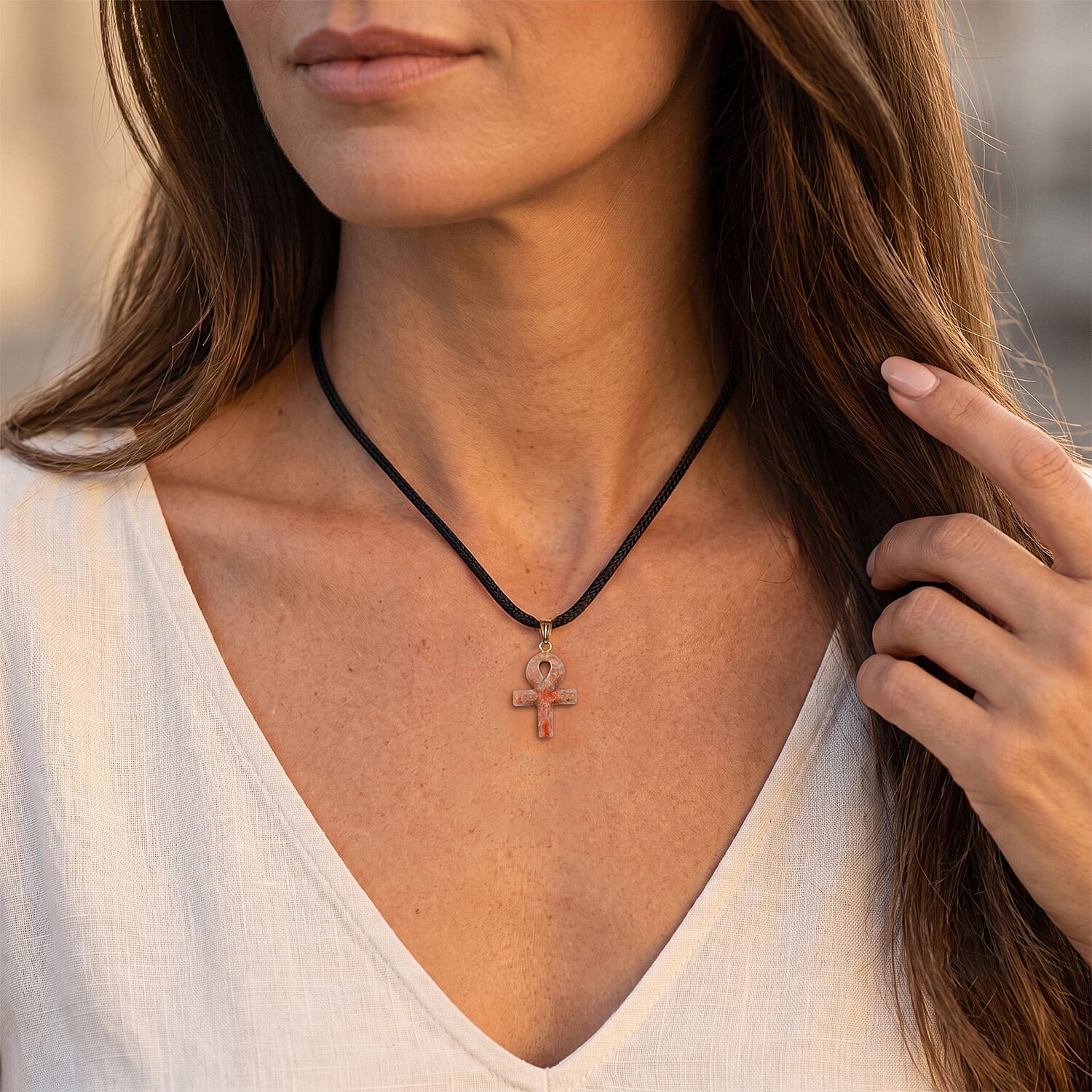 Autumn Jasper 17.50 ctw Ankh Cross Pendant with Rope Cord Necklace (24 Inches) in Goldtone