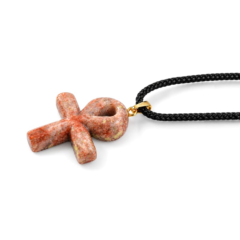 Autumn Jasper 17.50 ctw Ankh Cross Pendant with Rope Cord Necklace (24 Inches) in Goldtone