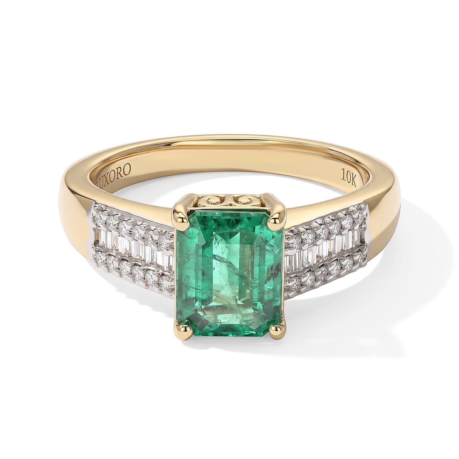 Luxoro AAA Kagem Zambian Emerald and Diamond I2 2.50 ctw Verdant Prism Ring in 10K Yellow Gold (Size 6.0)