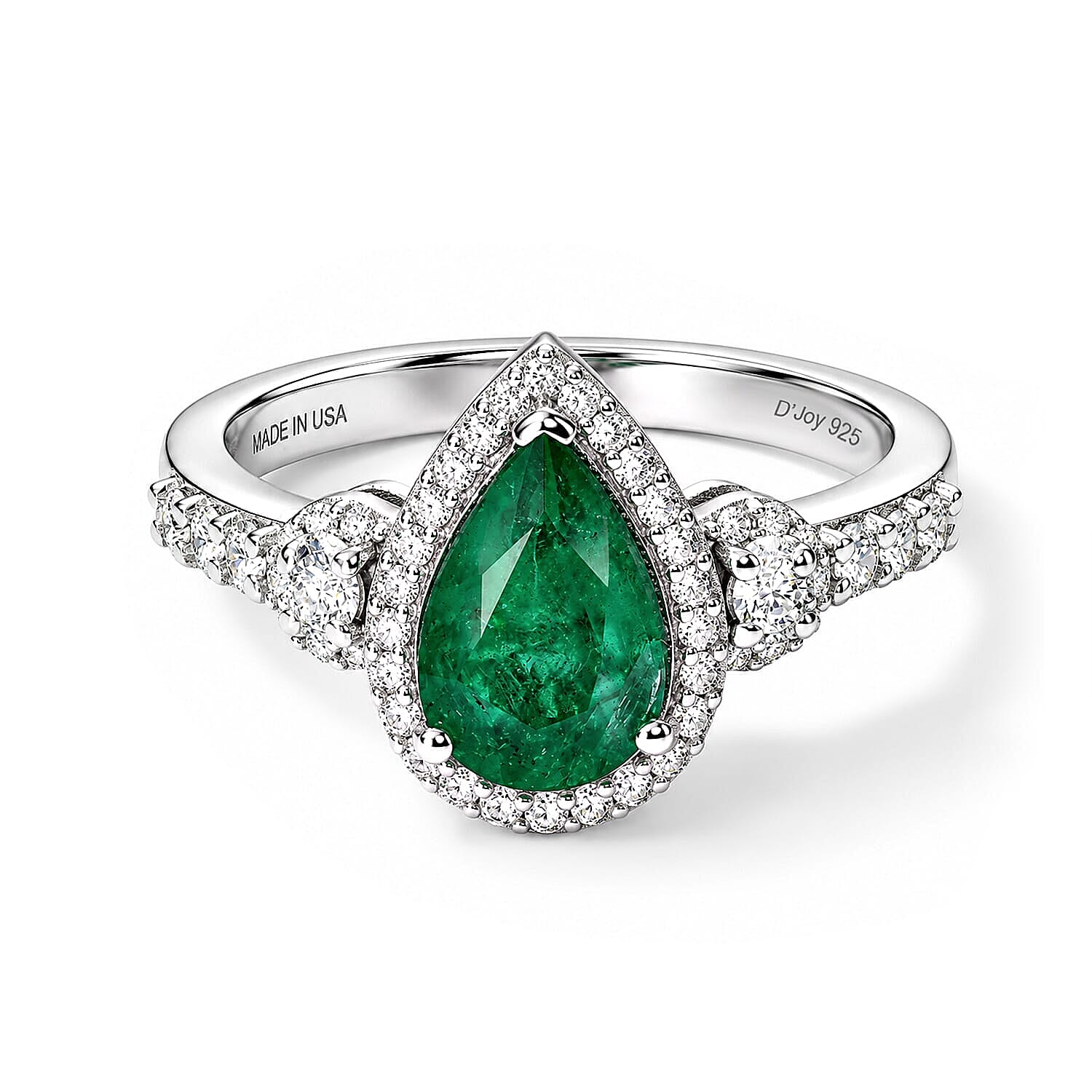 D'Joy AAA Kagem Zambian Emerald, Moissanite Teardrop Halo Ring in Rhodium Over Sterling Silver (Size 5.0) 1.85 ctw