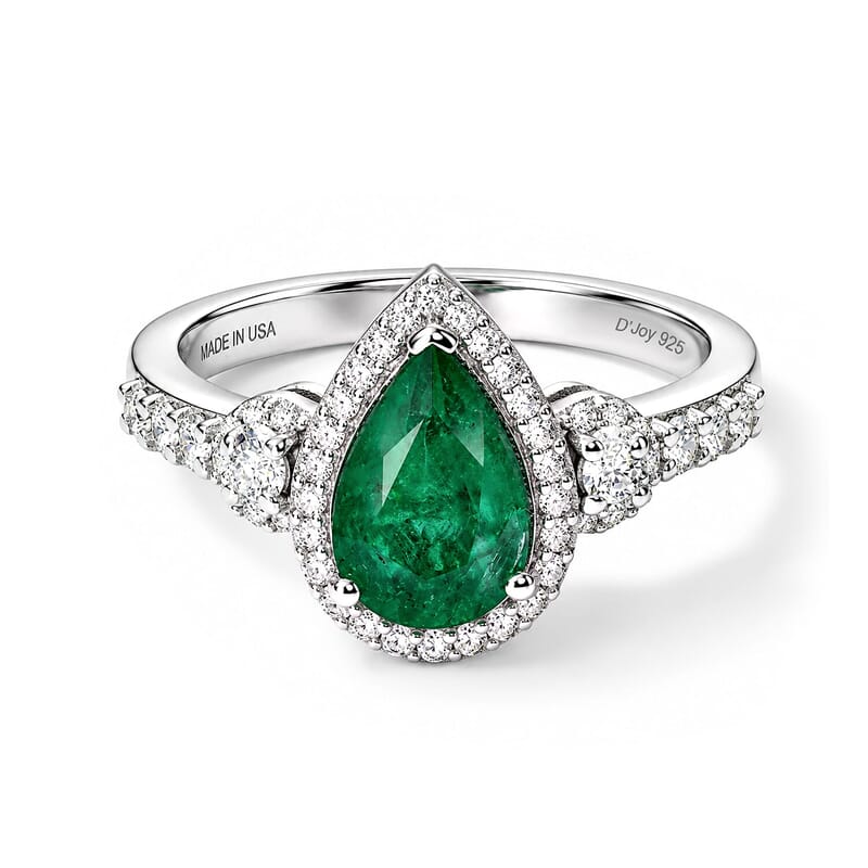 D'Joy AAA Kagem Zambian Emerald, Moissanite Teardrop Halo Ring in Rhodium Over Sterling Silver (Size 5.0) 1.85 ctw
