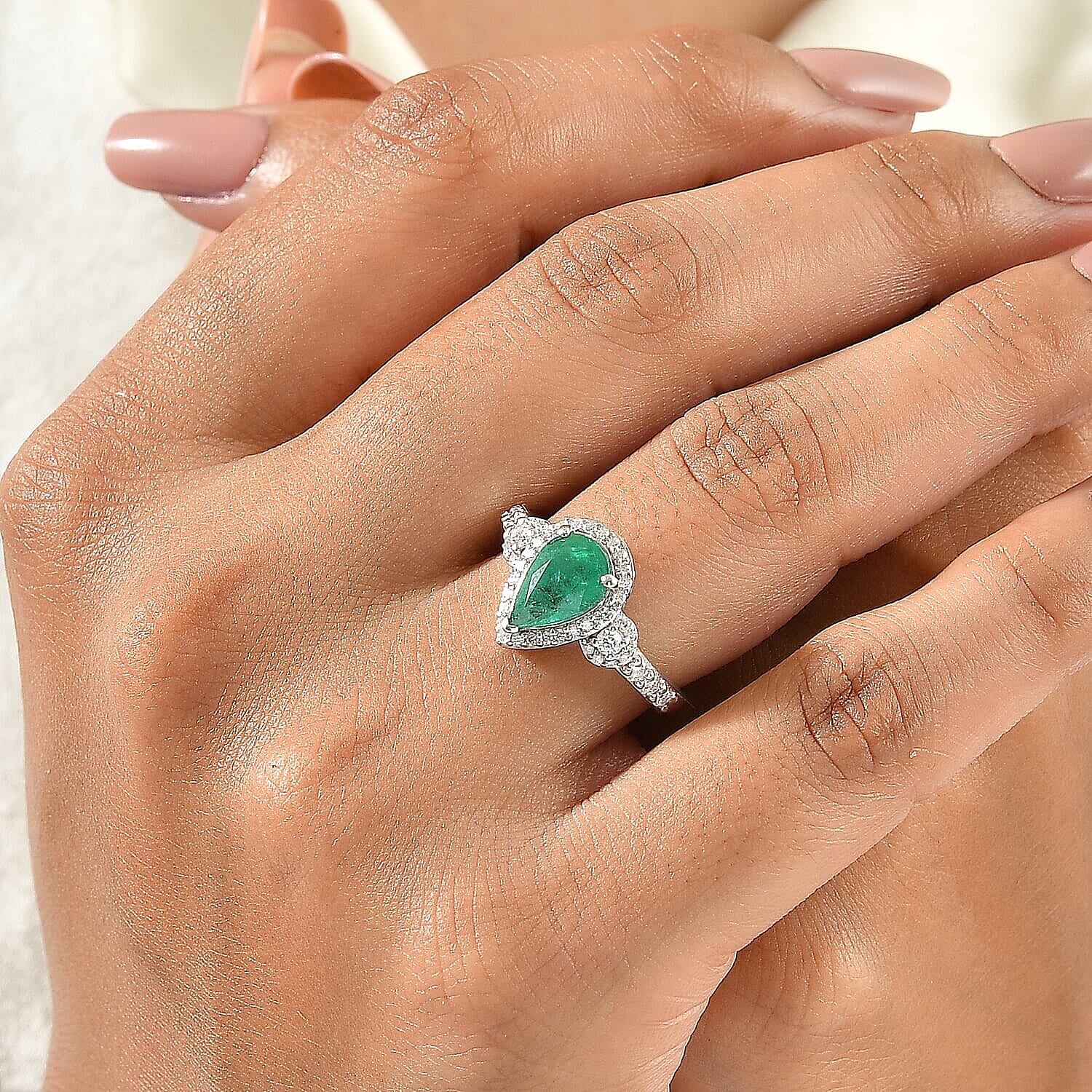 D'Joy AAA Kagem Zambian Emerald, Moissanite Teardrop Halo Ring in Rhodium Over Sterling Silver (Size 5.0) 1.85 ctw