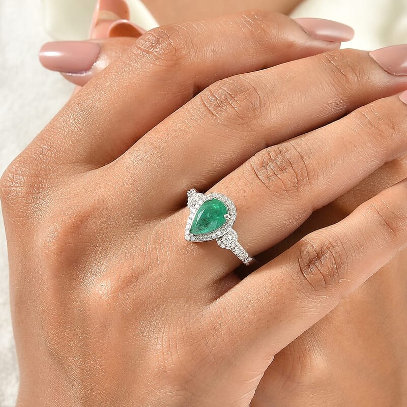 D'Joy AAA Kagem Zambian Emerald, Moissanite Teardrop Halo Ring in Rhodium Over Sterling Silver (Size 5.0) 1.85 ctw
