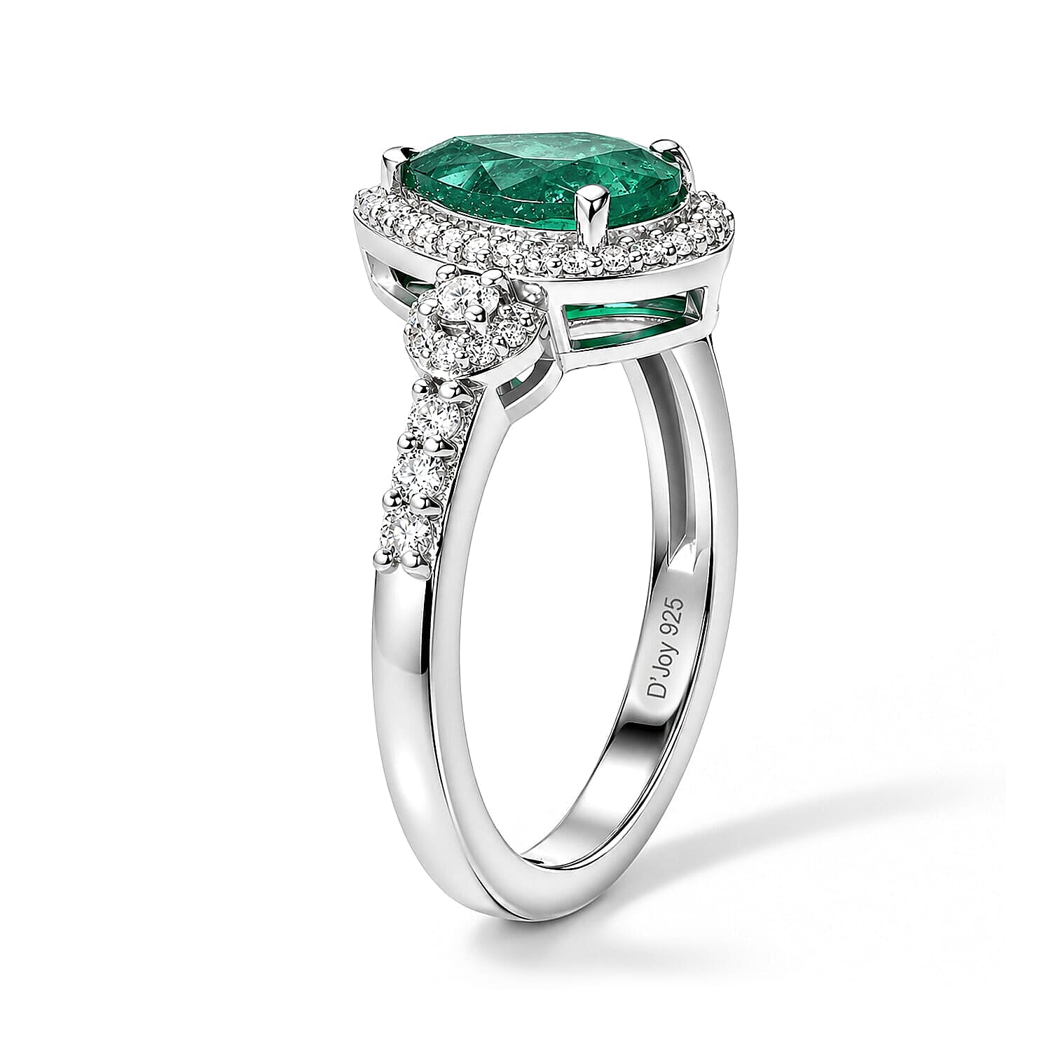 D'Joy AAA Kagem Zambian Emerald, Moissanite Teardrop Halo Ring in Rhodium Over Sterling Silver (Size 5.0) 1.85 ctw