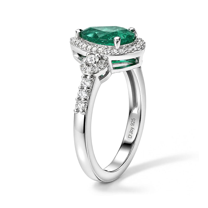 D'Joy AAA Kagem Zambian Emerald, Moissanite Teardrop Halo Ring in Rhodium Over Sterling Silver (Size 5.0) 1.85 ctw