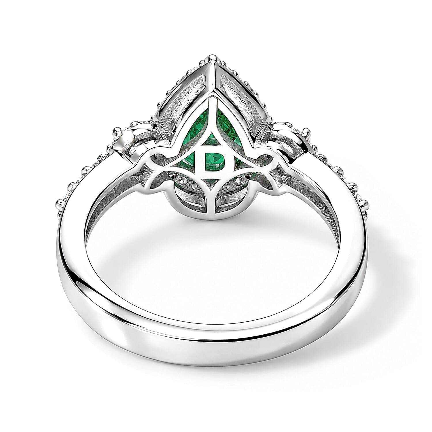 D'Joy AAA Kagem Zambian Emerald, Moissanite Teardrop Halo Ring in Rhodium Over Sterling Silver (Size 5.0) 1.85 ctw