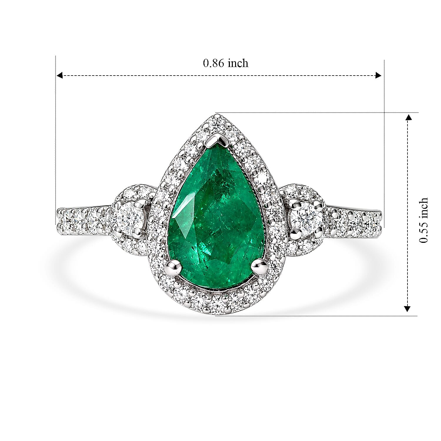D'Joy AAA Kagem Zambian Emerald, Moissanite Teardrop Halo Ring in Rhodium Over Sterling Silver (Size 5.0) 1.85 ctw
