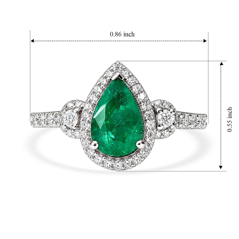 D'Joy AAA Kagem Zambian Emerald, Moissanite Teardrop Halo Ring in Rhodium Over Sterling Silver (Size 5.0) 1.85 ctw