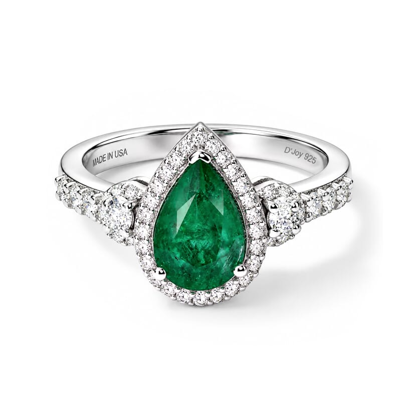 D'Joy AAA Kagem Zambian Emerald and Moissanite 1.85 ctw Teardrop Halo Ring in Rhodium Over Sterling Silver (Size 6.0)