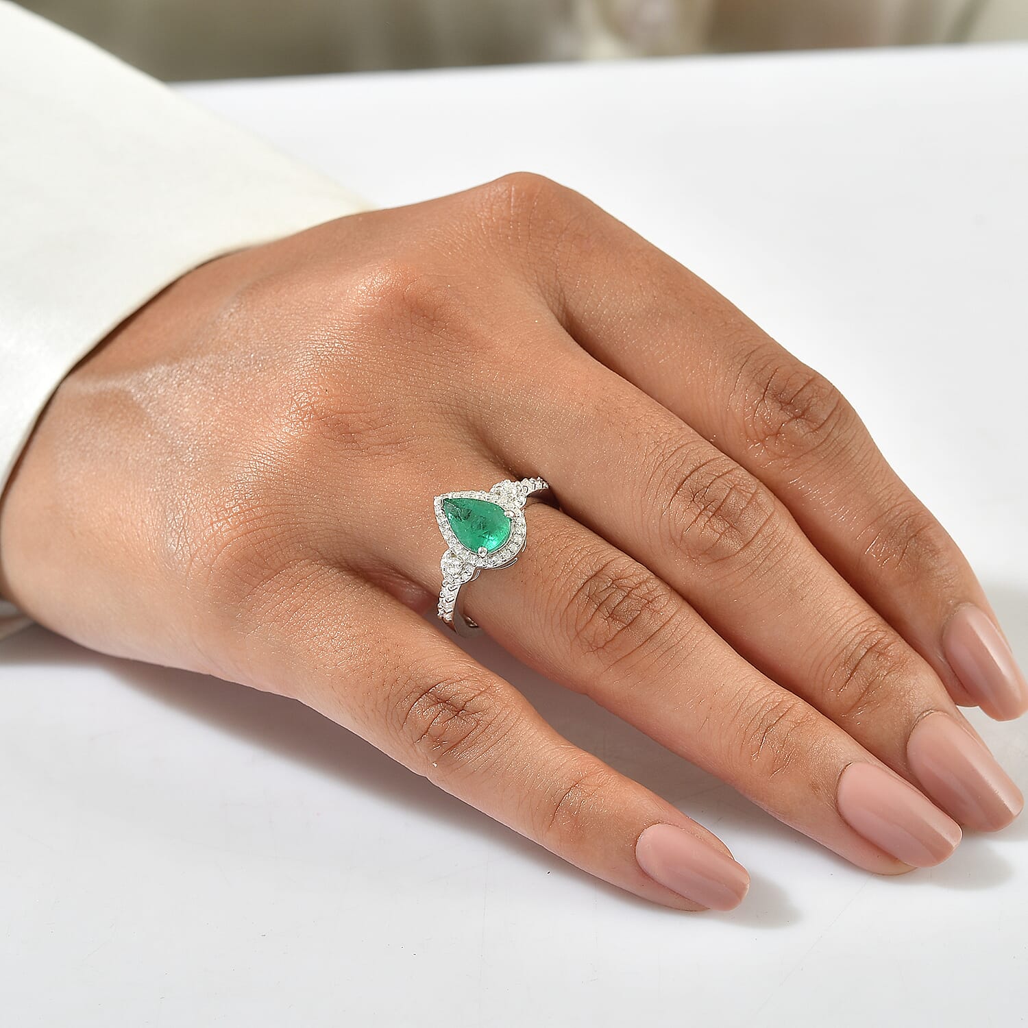D'Joy AAA Kagem Zambian Emerald and Moissanite 1.85 ctw Teardrop Halo Ring in Rhodium Over Sterling Silver (Size 6.0)
