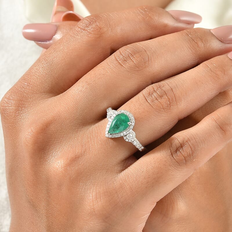D'Joy AAA Kagem Zambian Emerald and Moissanite 1.85 ctw Teardrop Halo Ring in Rhodium Over Sterling Silver (Size 6.0)