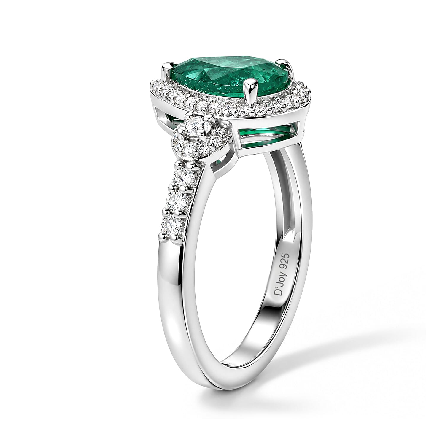D'Joy AAA Kagem Zambian Emerald and Moissanite 1.85 ctw Teardrop Halo Ring in Rhodium Over Sterling Silver (Size 6.0)