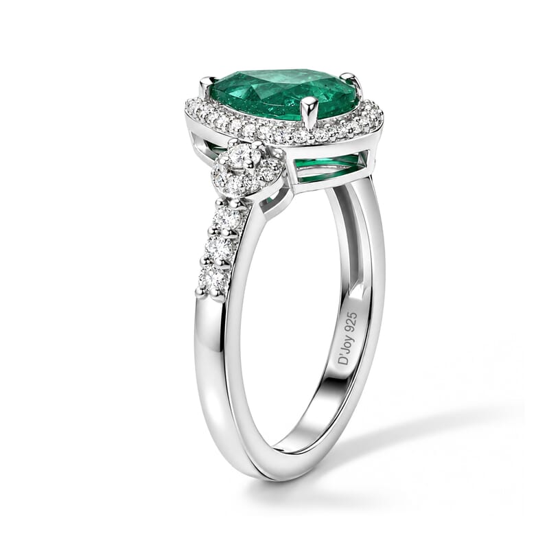 D'Joy AAA Kagem Zambian Emerald and Moissanite 1.85 ctw Teardrop Halo Ring in Rhodium Over Sterling Silver (Size 6.0)
