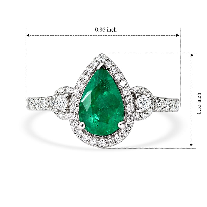 D'Joy AAA Kagem Zambian Emerald and Moissanite 1.85 ctw Teardrop Halo Ring in Rhodium Over Sterling Silver (Size 6.0)