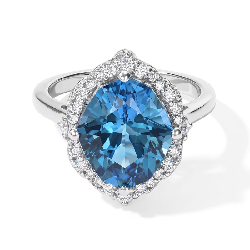 Certified and Appraised D'Joy Premium Fancy Marquee Cut Swiss Blue Topaz and Moissanite 8.10 ctw Ring in Rhodium Over Sterling Silver (Size 10.0)