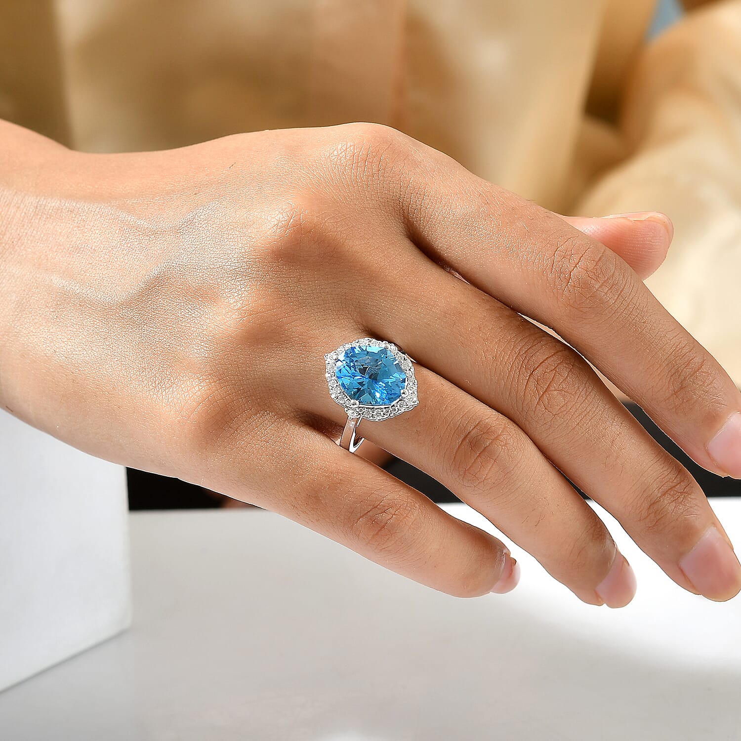 Certified and Appraised D'Joy Premium Fancy Marquee Cut Swiss Blue Topaz and Moissanite 8.10 ctw Ring in Rhodium Over Sterling Silver (Size 10.0)