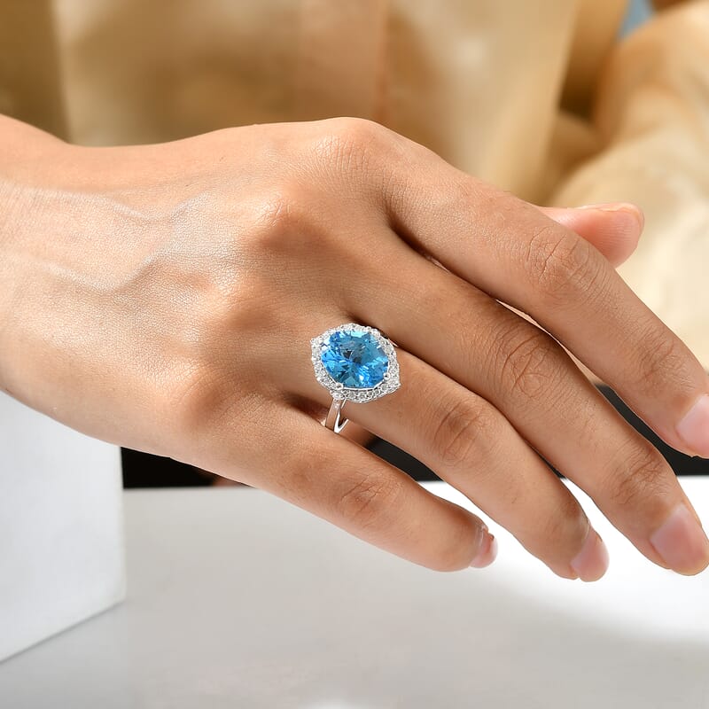 Certified and Appraised D'Joy Premium Fancy Marquee Cut Swiss Blue Topaz and Moissanite 8.10 ctw Ring in Rhodium Over Sterling Silver (Size 10.0)