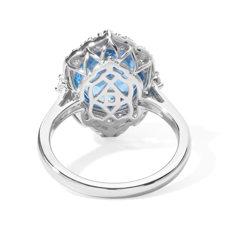 Certified and Appraised D'Joy Premium Fancy Marquee Cut Swiss Blue Topaz and Moissanite 8.10 ctw Ring in Rhodium Over Sterling Silver (Size 10.0)