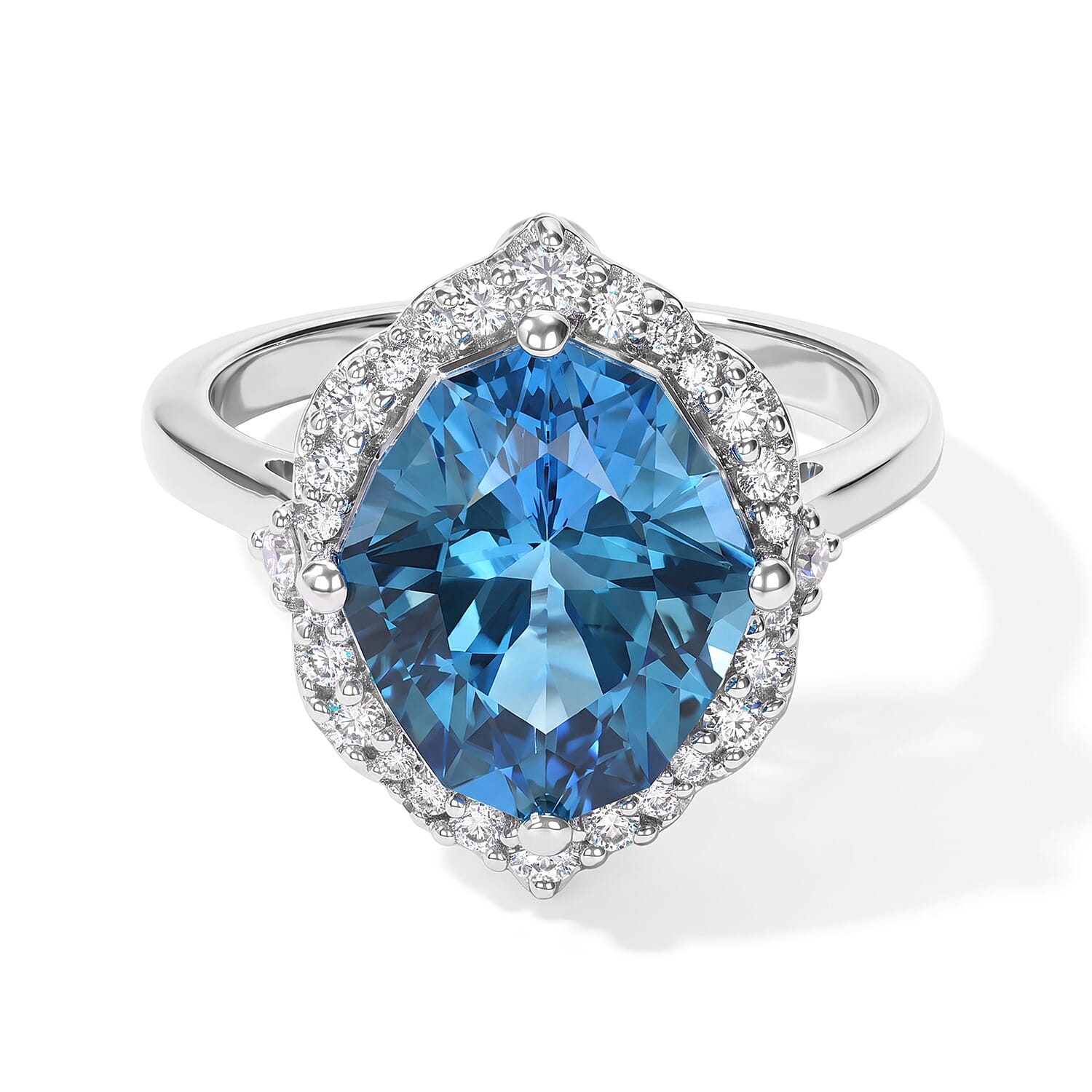 Certified and Appraised D'Joy Premium Fancy Marquee Cut Swiss Blue Topaz and Moissanite 8.10 ctw Ring in Rhodium Over Sterling Silver (Size 7.0)