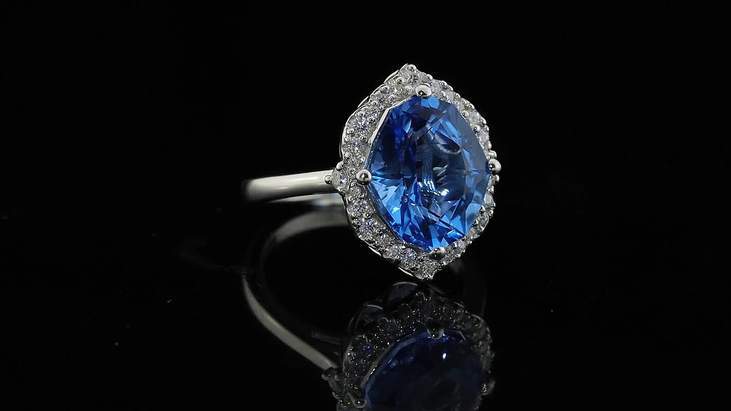 Certified and Appraised D''Joy Premium Fancy Marquee Cut Swiss Blue Topaz, Moissanite Ring in Rhodium Over Sterling Silver (Size 5.5) 8.10 ctw