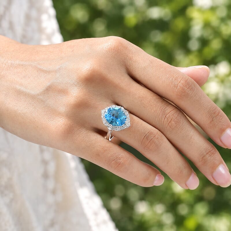 Certified and Appraised D'Joy Premium Fancy Marquee Cut Swiss Blue Topaz and Moissanite 8.10 ctw Ring in Rhodium Over Sterling Silver (Size 7.0)