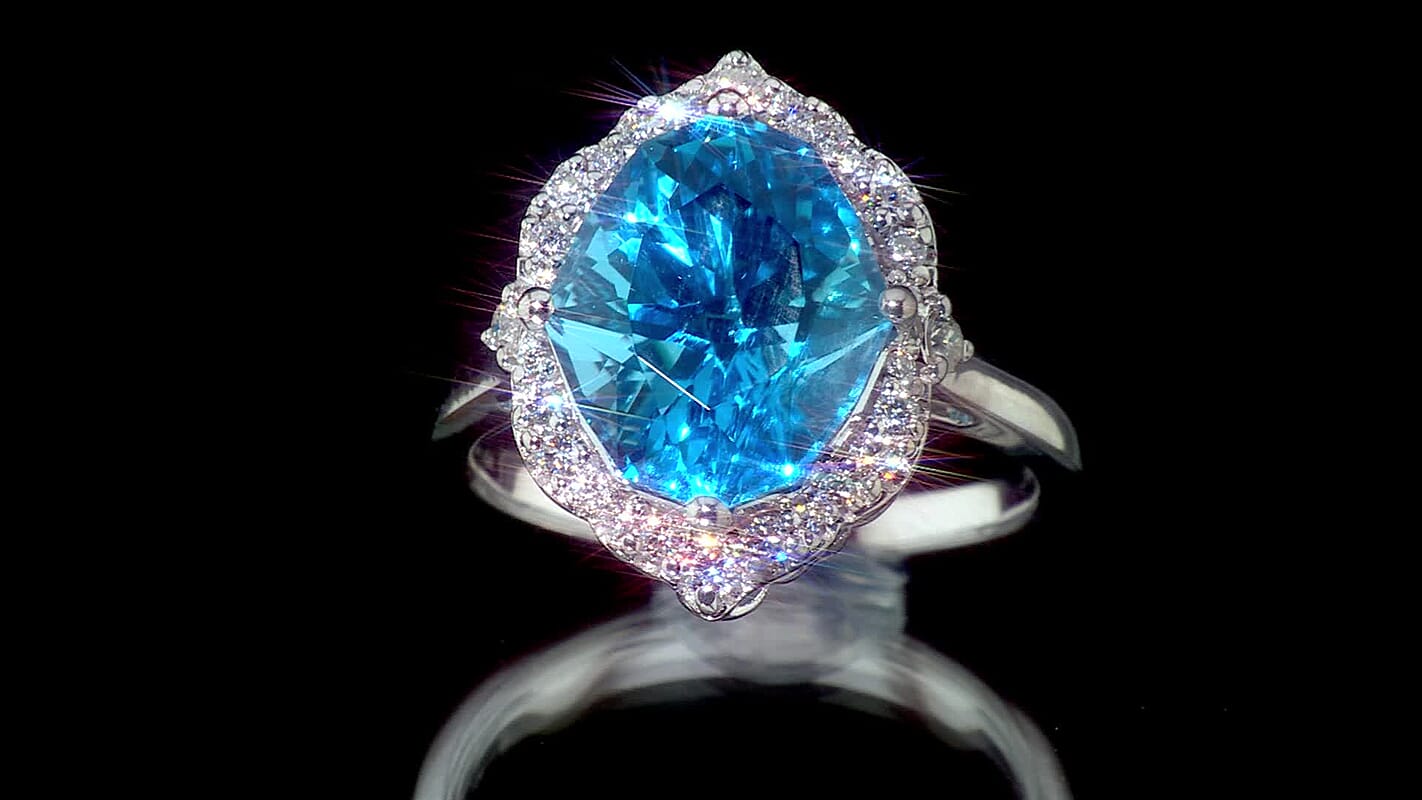 Certified and Appraised D''Joy Premium Fancy Marquee Cut Swiss Blue Topaz, Moissanite Ring in Rhodium Over Sterling Silver (Size 5.5) 8.10 ctw