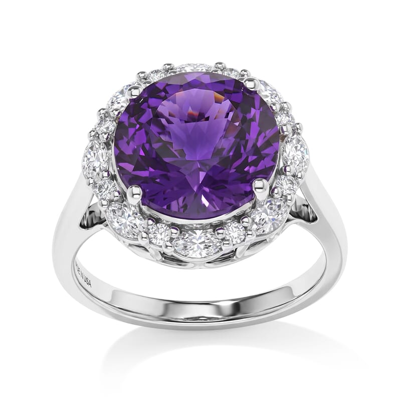 Certified and Appraised D'Joy Premium Pinwheel Cut African Amethyst and Moissanite 5.90 ctw Ring in Rhodium Over Sterling Silver (Size 10.0)