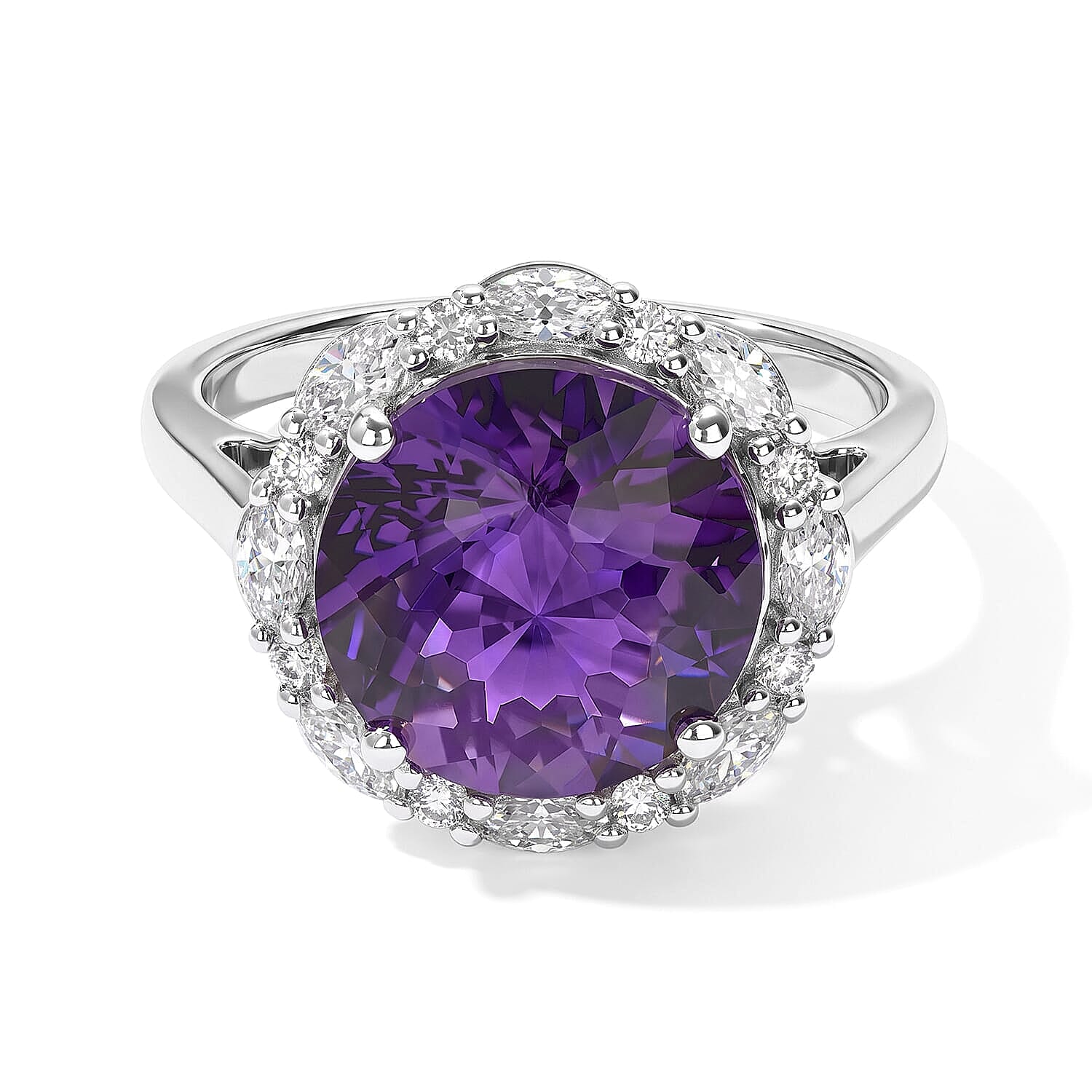 D'joy African Amethyst ,  Moissanite  Main Stone With Surrounding Stone Ring in Rhodium OverSterling Silver 6.20 (Size 5.0) 5.90 ctw