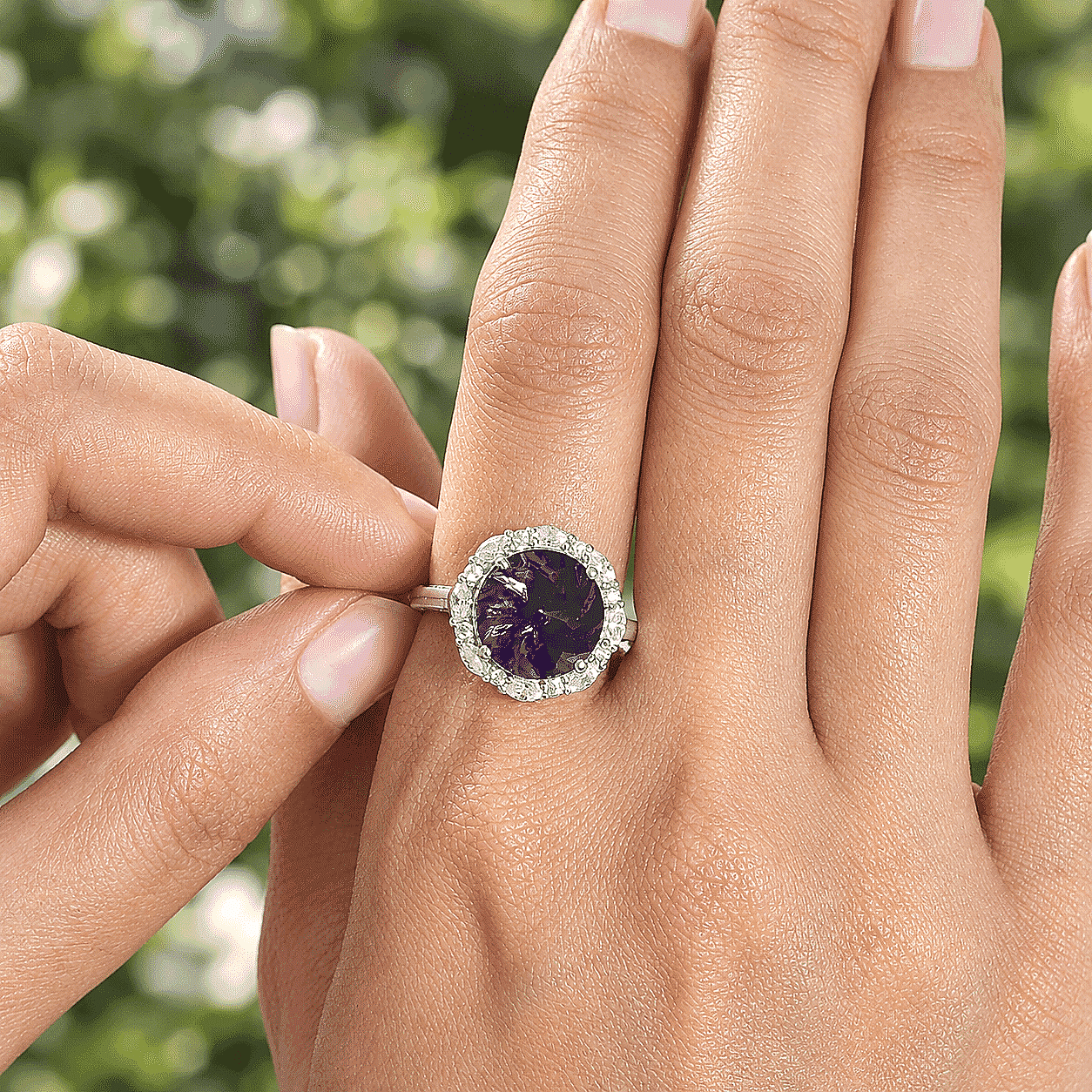 D'joy African Amethyst ,  Moissanite  Main Stone With Surrounding Stone Ring in Rhodium OverSterling Silver 6.20 (Size 5.0) 5.90 ctw