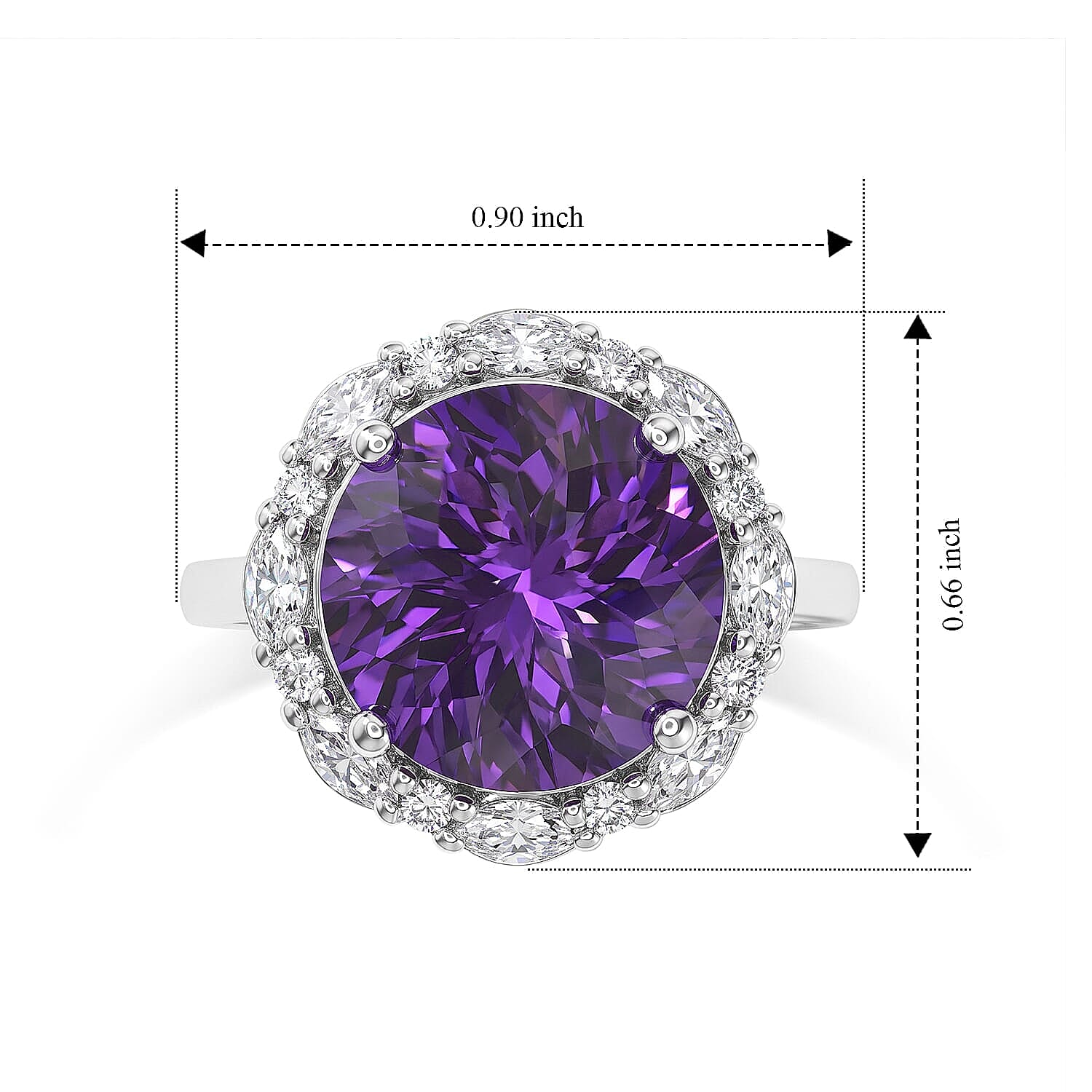 D'joy African Amethyst ,  Moissanite  Main Stone With Surrounding Stone Ring in Rhodium OverSterling Silver 6.20 (Size 5.0) 5.90 ctw