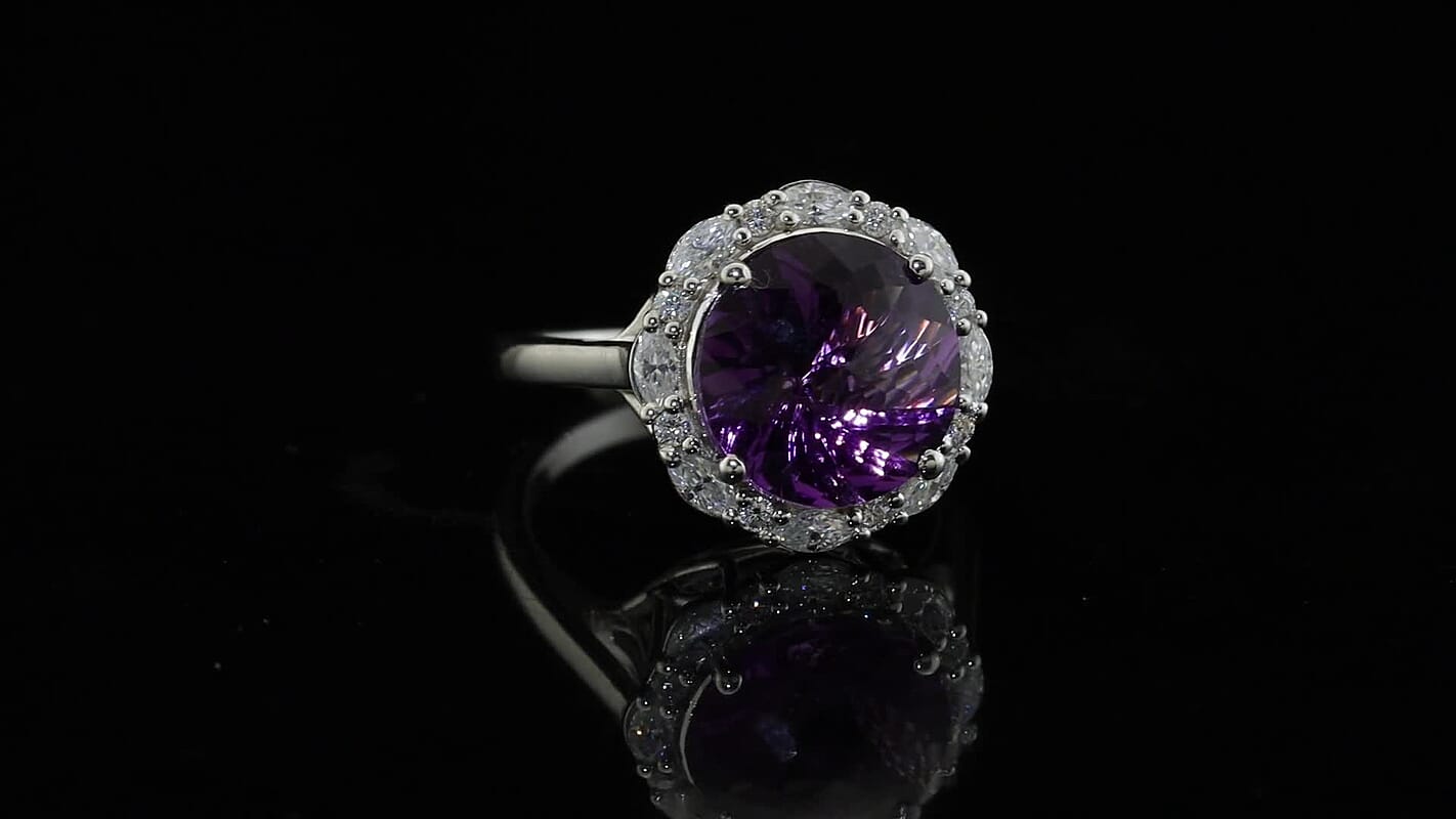 Certified and Appraised D'Joy Premium Pinwheel Cut African Amethyst, Moissanite Ring in Rhodium Over Sterling Silver (Size 10.0) 5.90 ctw