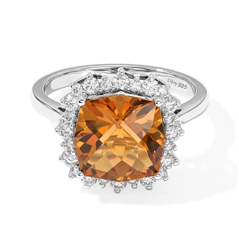 Certified and Appraised D'Joy Premium Twilight Cut Brazilian Citrine and Moissanite 5.00 ctw Ring in Rhodium Over Sterling Silver (Size 10.0)