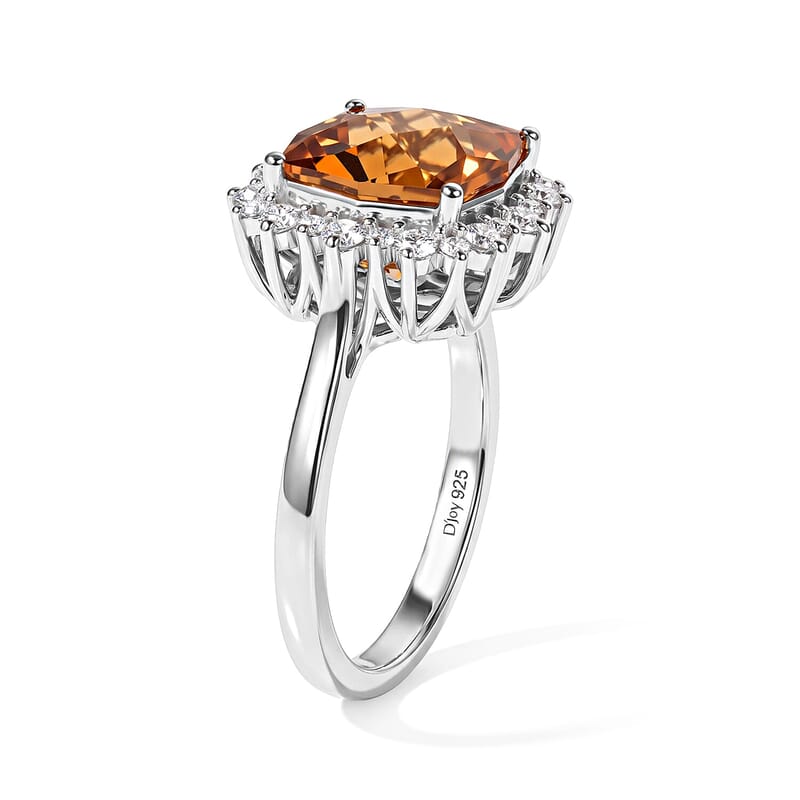 Certified and Appraised D'Joy Premium Twilight Cut Brazilian Citrine, Moissanite Ring in Rhodium Over Sterling Silver (Size 5.0) 5.00 ctw