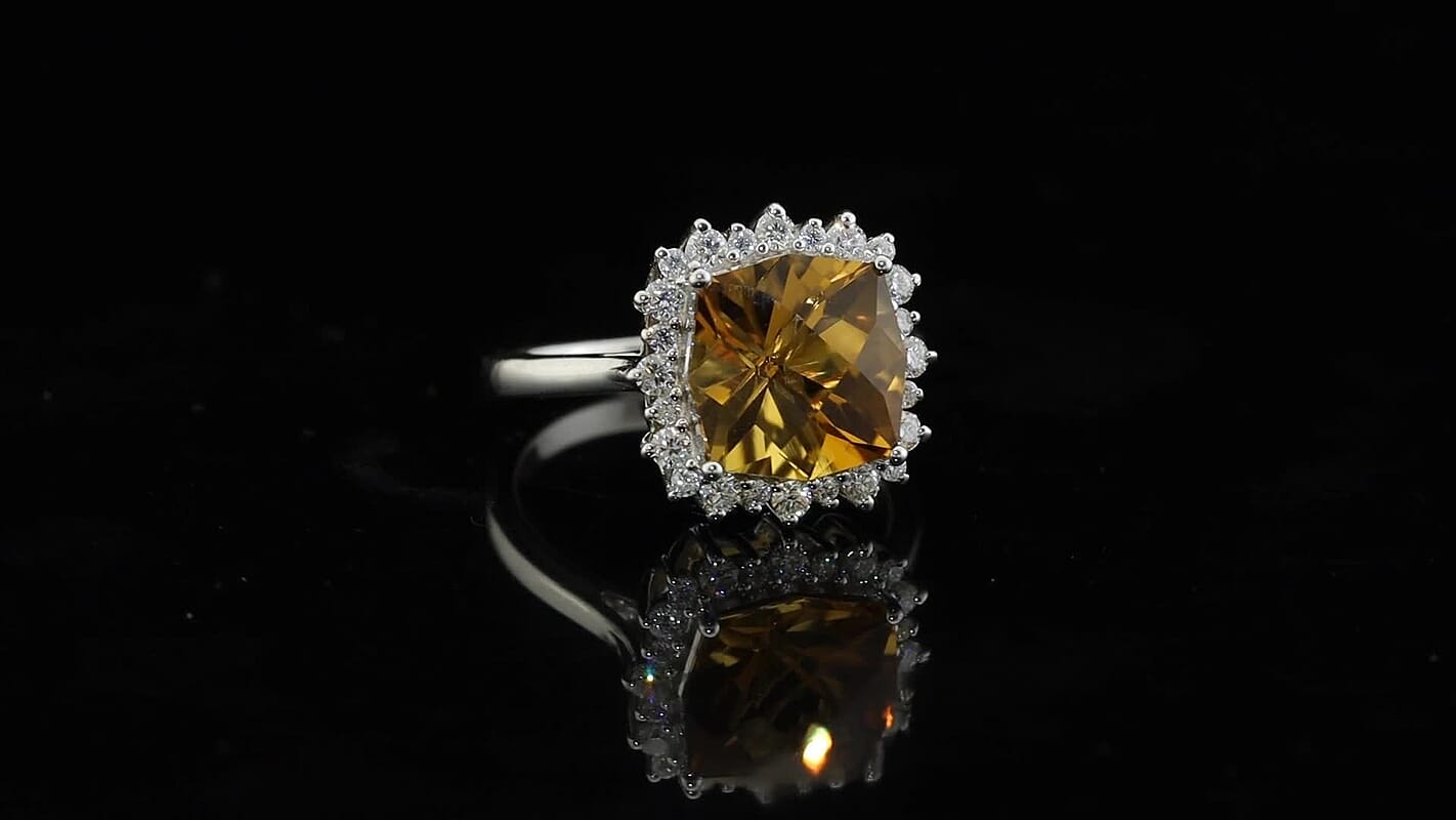 Certified and Appraised D'Joy Premium Twilight Cut Brazilian Citrine, Moissanite Ring in Rhodium Over Sterling Silver (Size 10.0) 5.00 ctw