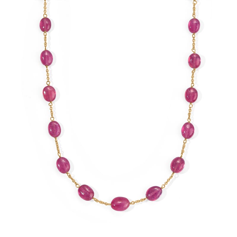 D'Joy Premium Niassa Ruby (FF) 55.00 ctw Beaded Graduated Necklace (18-20 Inches) in 18K Vermeil Yellow Gold Over Sterling Silver