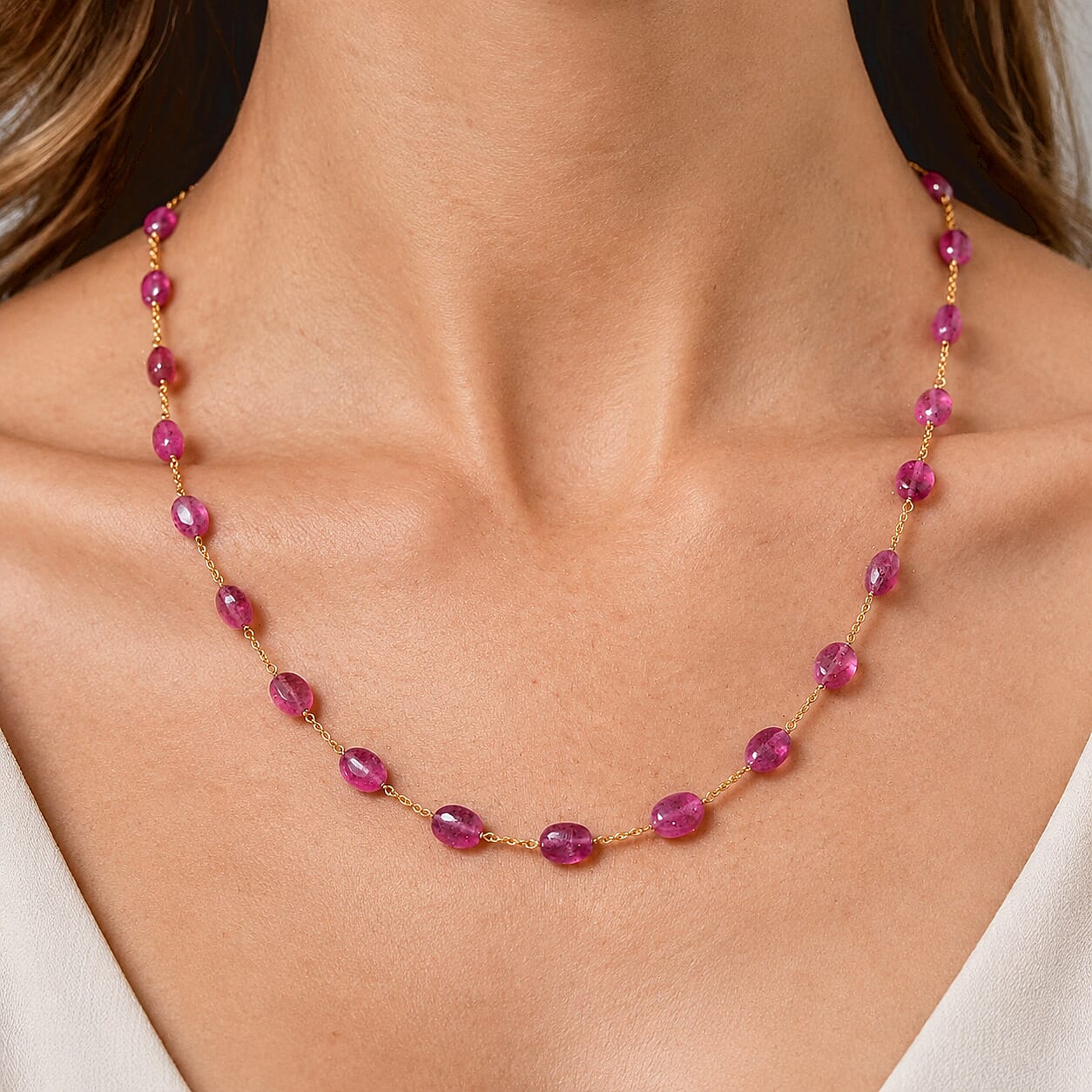 D'Joy Premium Niassa Ruby (FF) 55.00 ctw Beaded Graduated Necklace (18-20 Inches) in 18K Vermeil Yellow Gold Over Sterling Silver