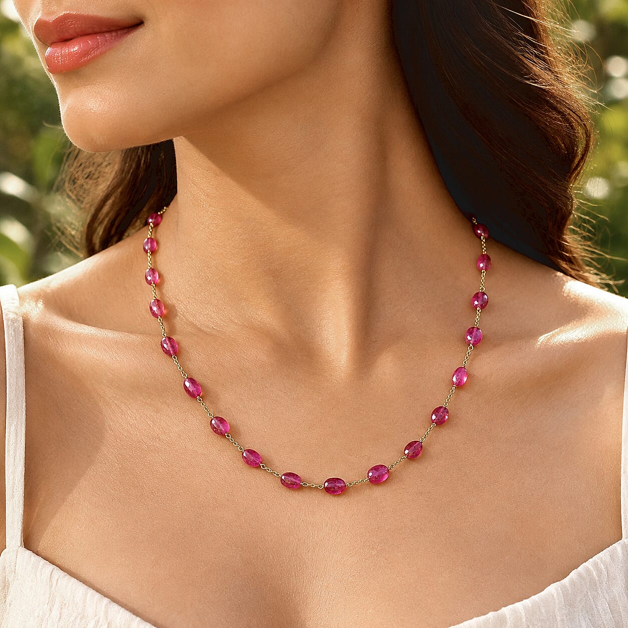 D'Joy Premium Niassa Ruby (FF) 55.00 ctw Beaded Graduated Necklace (18-20 Inches) in 18K Vermeil Yellow Gold Over Sterling Silver