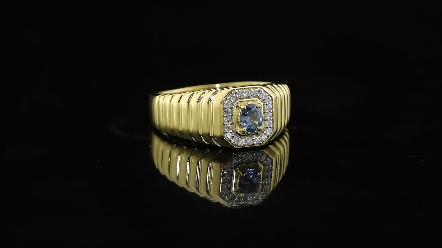D''Joy Montana Sapphire, Moissanite Men''s Ring in 18K Vermeil YG Over Sterling Silver (Size 10.0) 0.65 ctw