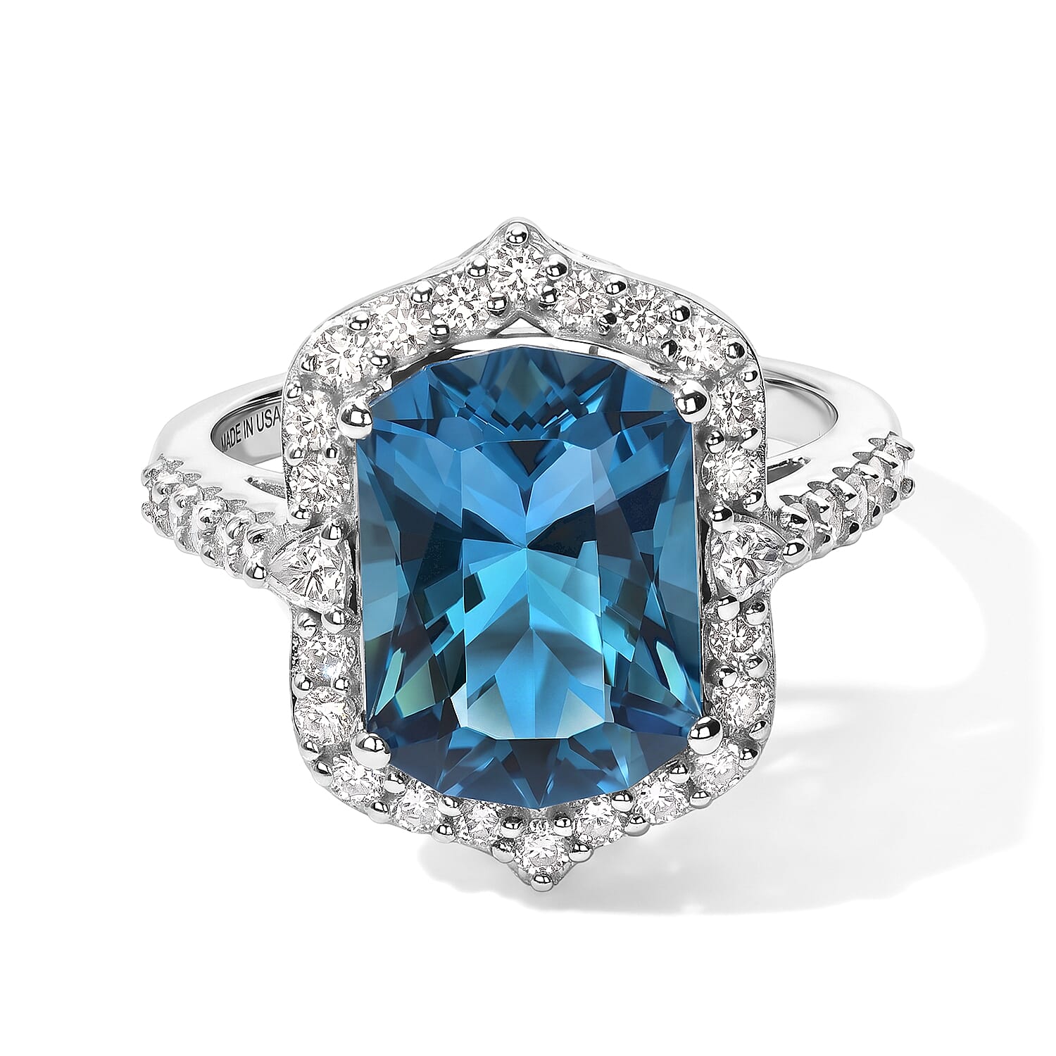 Certified & Appraised D'Joy Princess Cut Premium Swiss Blue Topaz and Moissanite 8.25 ctw Ring in Rhodium Over Sterling Silver (Size 7.0)