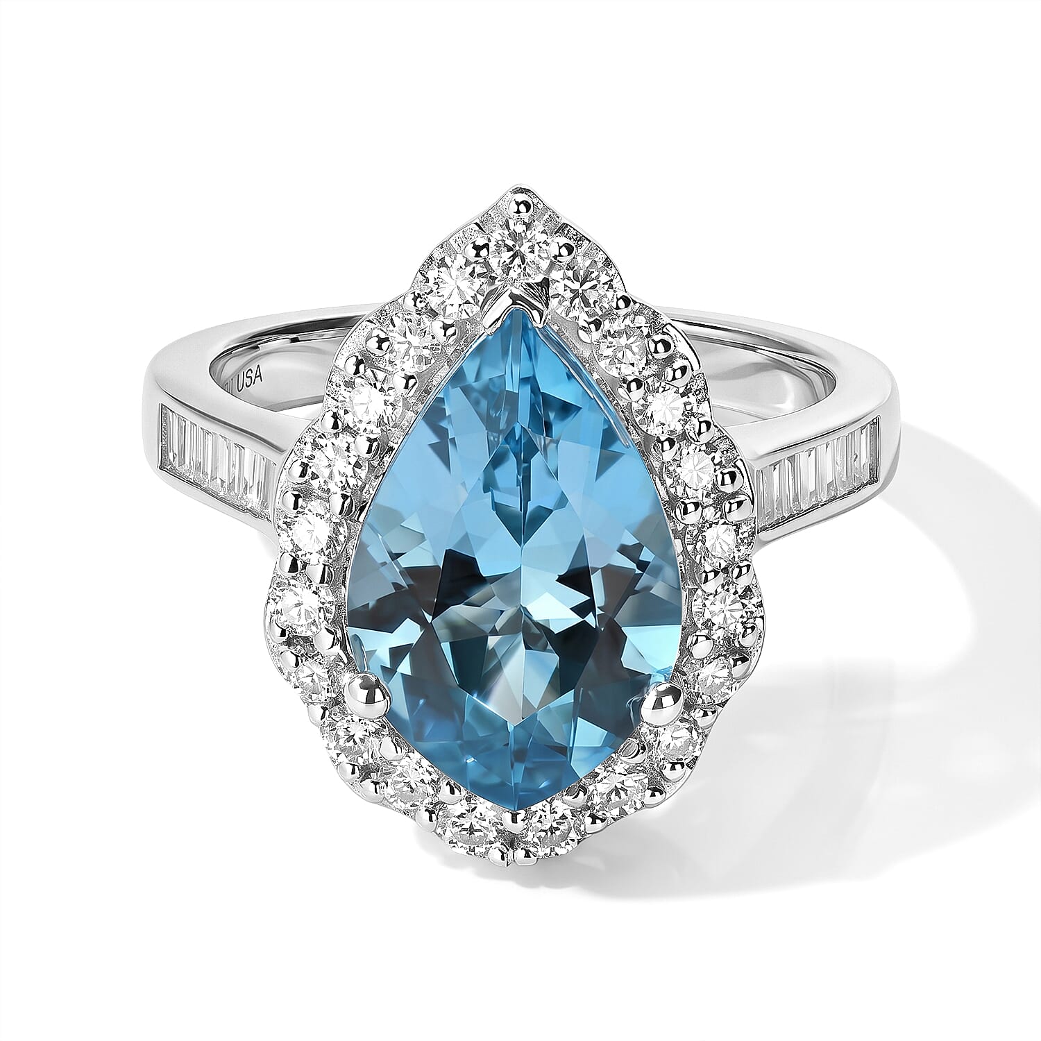Certified & Appraised D'Joy Leaf Cut Premium Swiss Blue Topaz and Moissanite 5.50 ctw Ring in Rhodium Over Sterling Silver (Size 6.0)