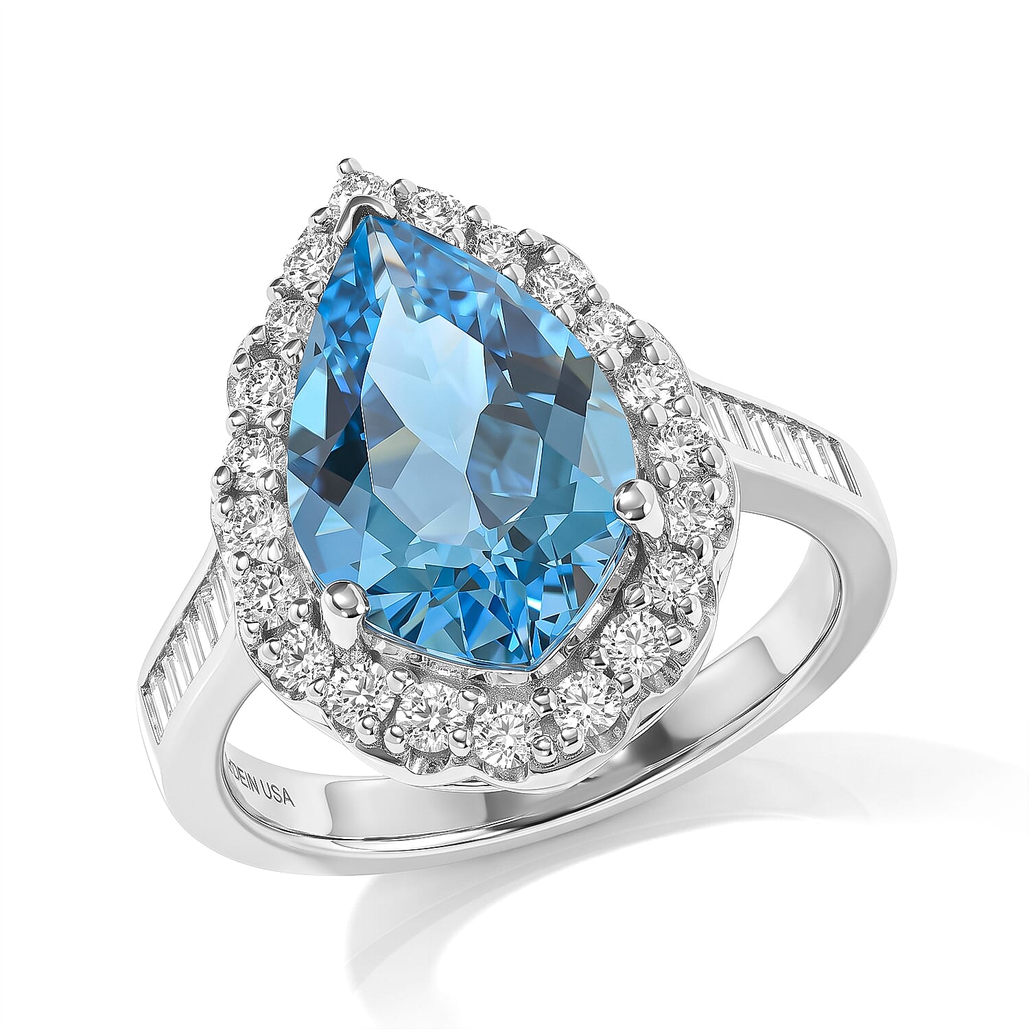 Certified & Appraised D'Joy Leaf Cut Premium Swiss Blue Topaz and Moissanite 5.50 ctw Ring in Rhodium Over Sterling Silver (Size 6.0)