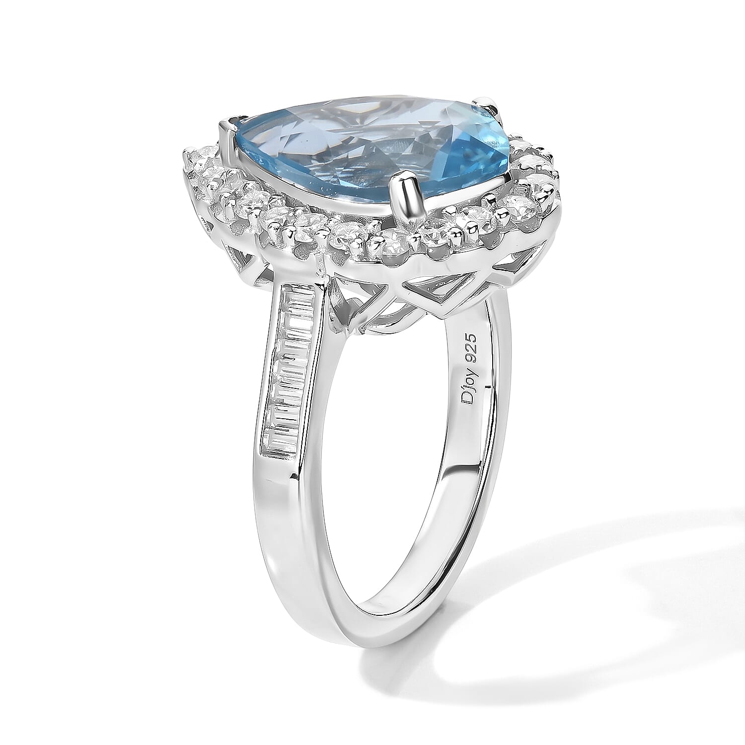 Certified & Appraised D'Joy Leaf Cut Premium Swiss Blue Topaz and Moissanite 5.50 ctw Ring in Rhodium Over Sterling Silver (Size 6.0)