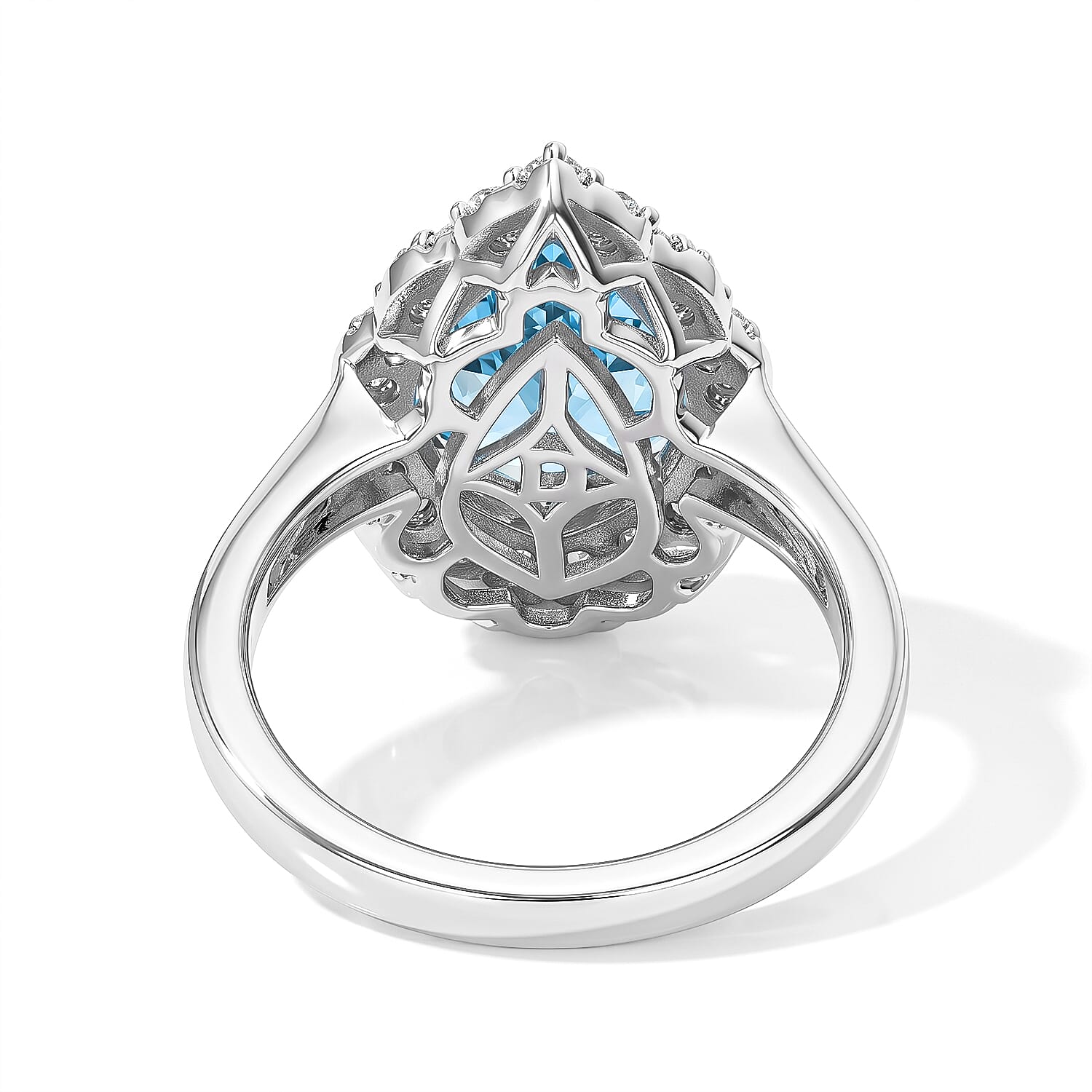 Certified & Appraised D'Joy Leaf Cut Premium Swiss Blue Topaz and Moissanite 5.50 ctw Ring in Rhodium Over Sterling Silver (Size 6.0)